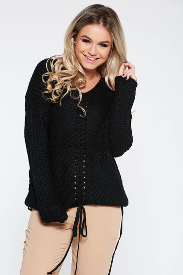 Pulover SunShine negru casual cu croi larg din material tricotat accesorizat cu snur