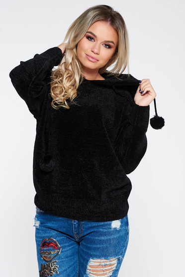 Pulover SunShine negru casual din material tricotat moale si pufos cu gluga nedetasabila