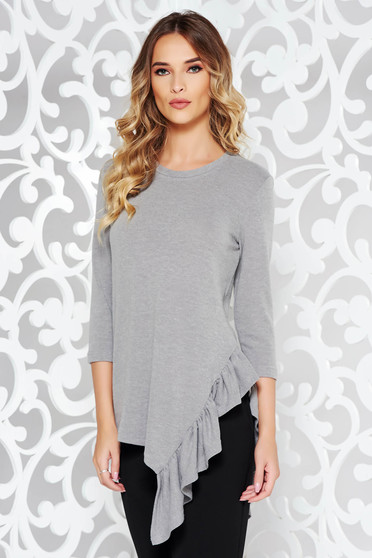Bluza dama StarShinerS gri casual asimetrica cu croi larg din material tricotat cu volanase
