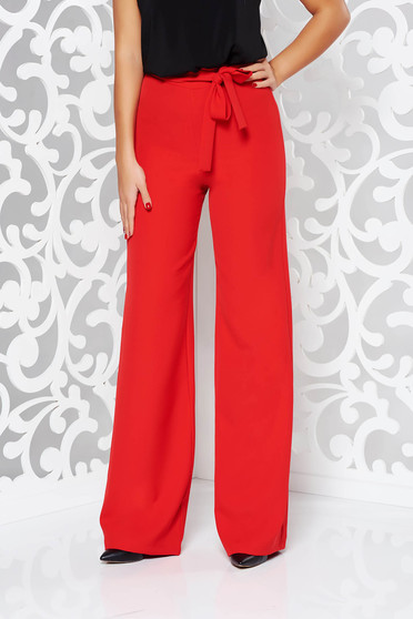 Pantaloni StarShinerS rosii eleganti evazati cu talie inalta din stofa usor elastica accesorizati cu cordon