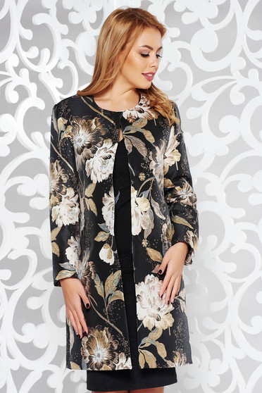 Trench StarShinerS negru elegant cu un croi drept din jaquard cu fir lame captusit pe interior