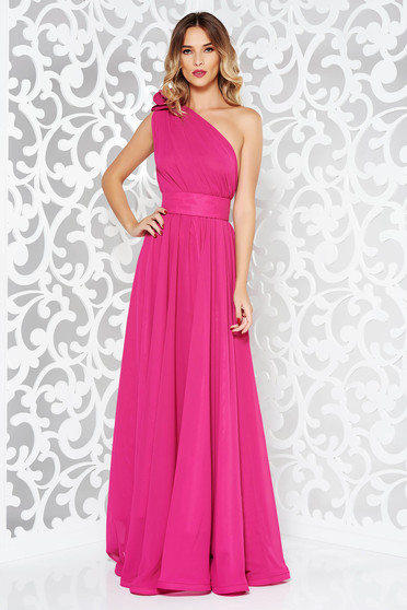 Rochie Ana Radu roz de lux lunga in clos din voal captusita pe interior accesorizata cu cordon