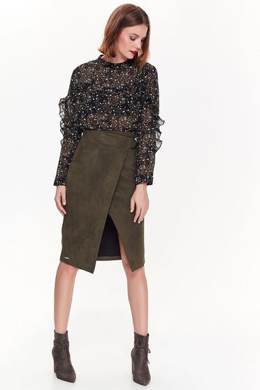Fusta Top Secret verde casual cu talie inalta din material catifelat