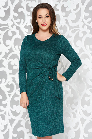 Rochie StarShinerS verde de zi cu un croi mulat din material tricotat cu maneci lungi