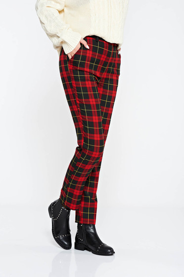 Pantaloni negri casual cu talie medie din stofa neelastica subtire in carouri