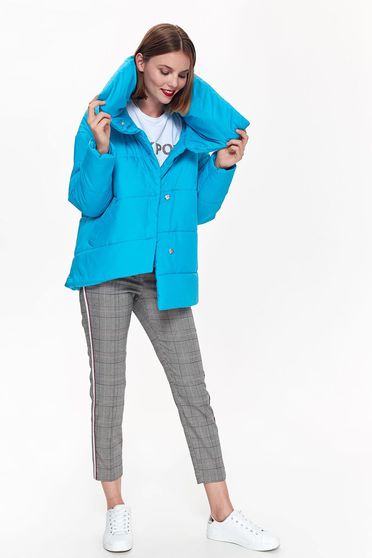 Geaca Top Secret turcoaz casual din fas asimetrica cu croi larg guler inalt
