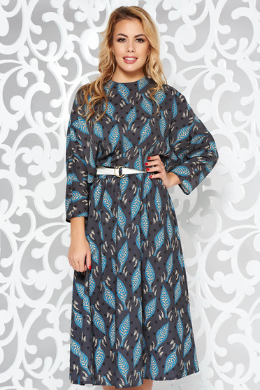Rochie gri-inchis casual midi in clos din material satinat cu elastic in talie