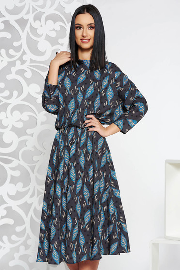 Rochie gri-inchis casual midi in clos din material satinat cu elastic in talie