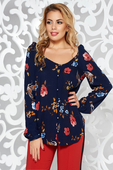 Bluza dama StarShinerS albastra-inchis casual cu croi larg cu decolteu rotunjit din material vaporos cu imprimeuri florale