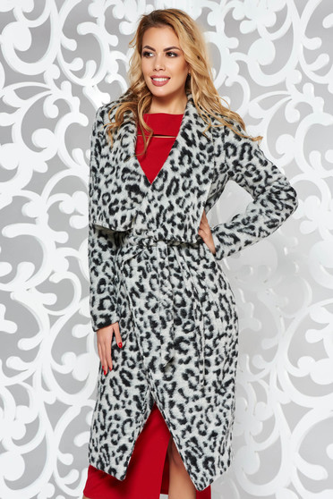 Palton StarShinerS gri cu croi larg cu maneci lungi din material gros animal print