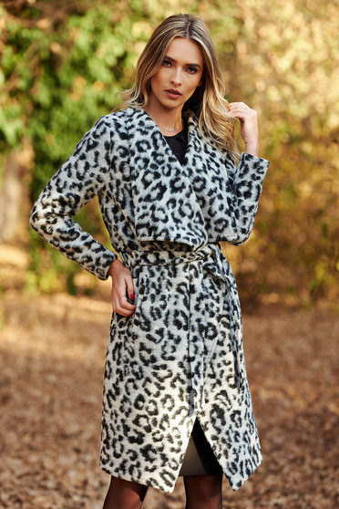 Palton StarShinerS gri casual cu croi larg din material gros cu animal print accesorizat cu cordon
