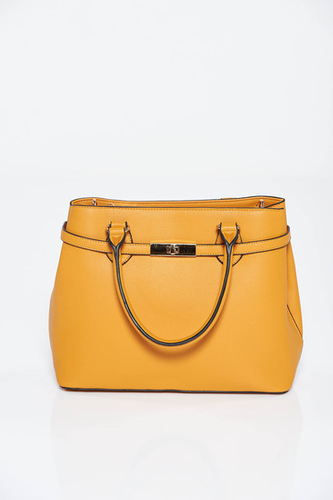 Geanta dama mustarie office din piele ecologica cu accesoriu metalic