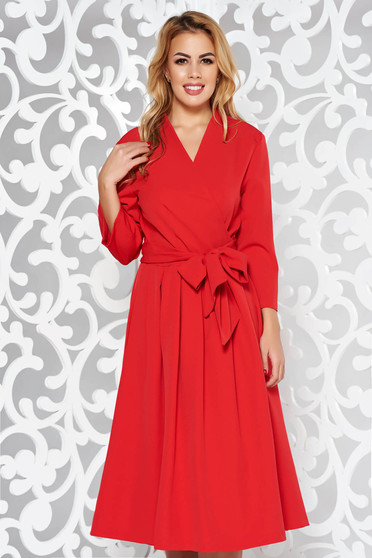 Rochie rosie eleganta midi in clos din bumbac neelastic cu decolteu in v