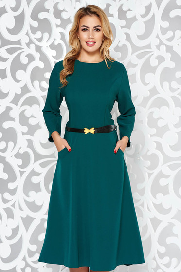 Rochie verde office in clos din bumbac usor elastic cu buzunare cu accesoriu tip curea