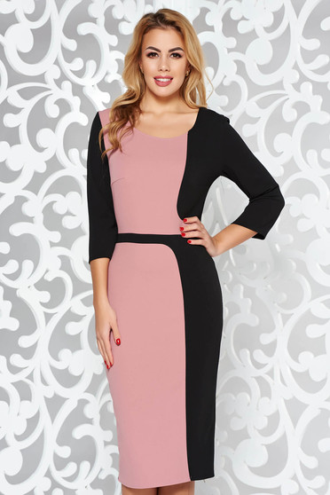 Rochie neagra office midi tip creion din stofa elastica subtire cu maneci trei-sferturi