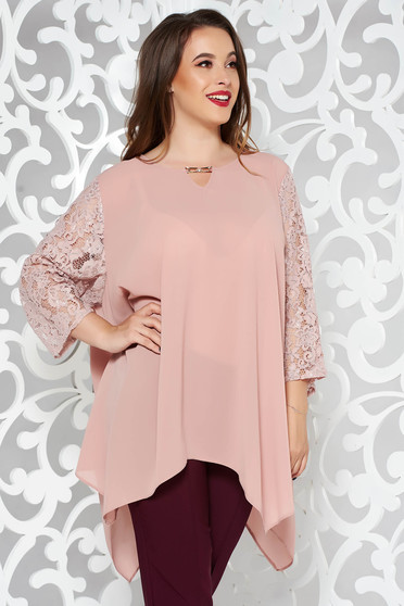 Bluza dama rosa eleganta asimetrica cu croi larg din voal cu maneci din dantela