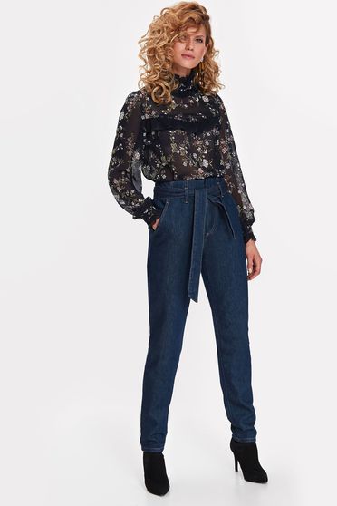 Bluza dama Top Secret albastra-inchis casual guler inalt din voal cu imprimeuri florale