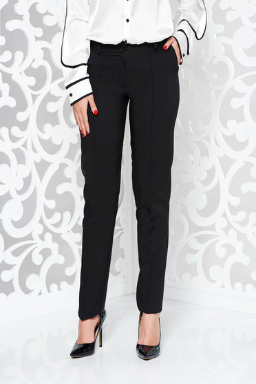 Pantaloni LaDonna negri office conici din stofa usor elastica cu talie medie si buzunare