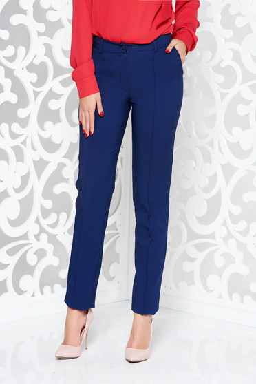 Pantaloni LaDonna albastri-inchis office conici din stofa usor elastica cu talie medie si buzunare