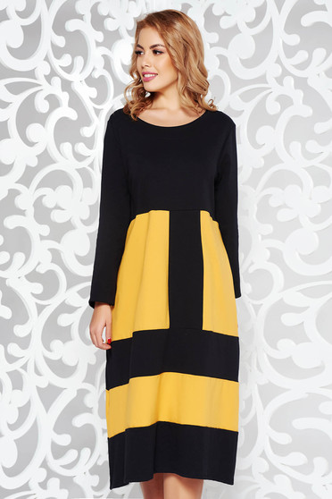 Rochie mustarie casual cu croi larg din bumbac usor elastic cu buzunare
