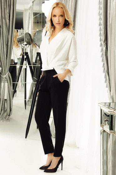 Pantaloni Fofy negri office conici cu talie medie din material usor elastic cu buzunare