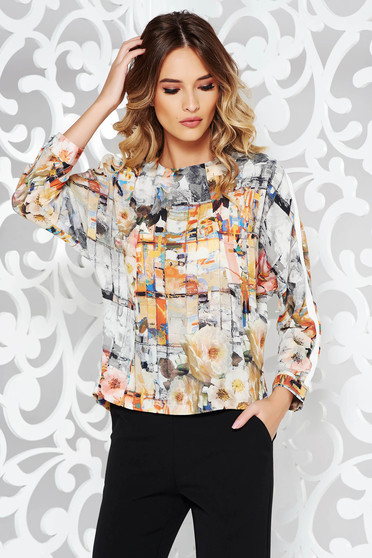 Bluza dama gri office cu croi larg din material neelastic cu imprimeuri florale