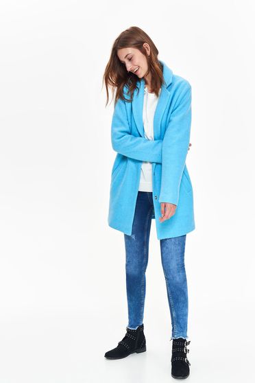 Palton Top Secret albastru casual cu un croi drept din material gros cu buzunare