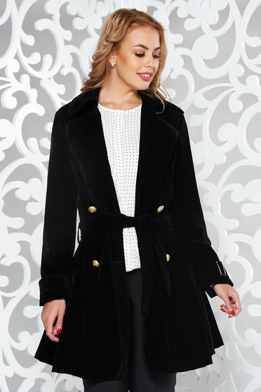 Trench negru casual in clos cu maneca lunga din catifea accesorizat cu cordon