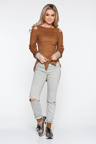 Set maro casual din 2 piese cu pantaloni din bumbac usor elastic din material catifelat