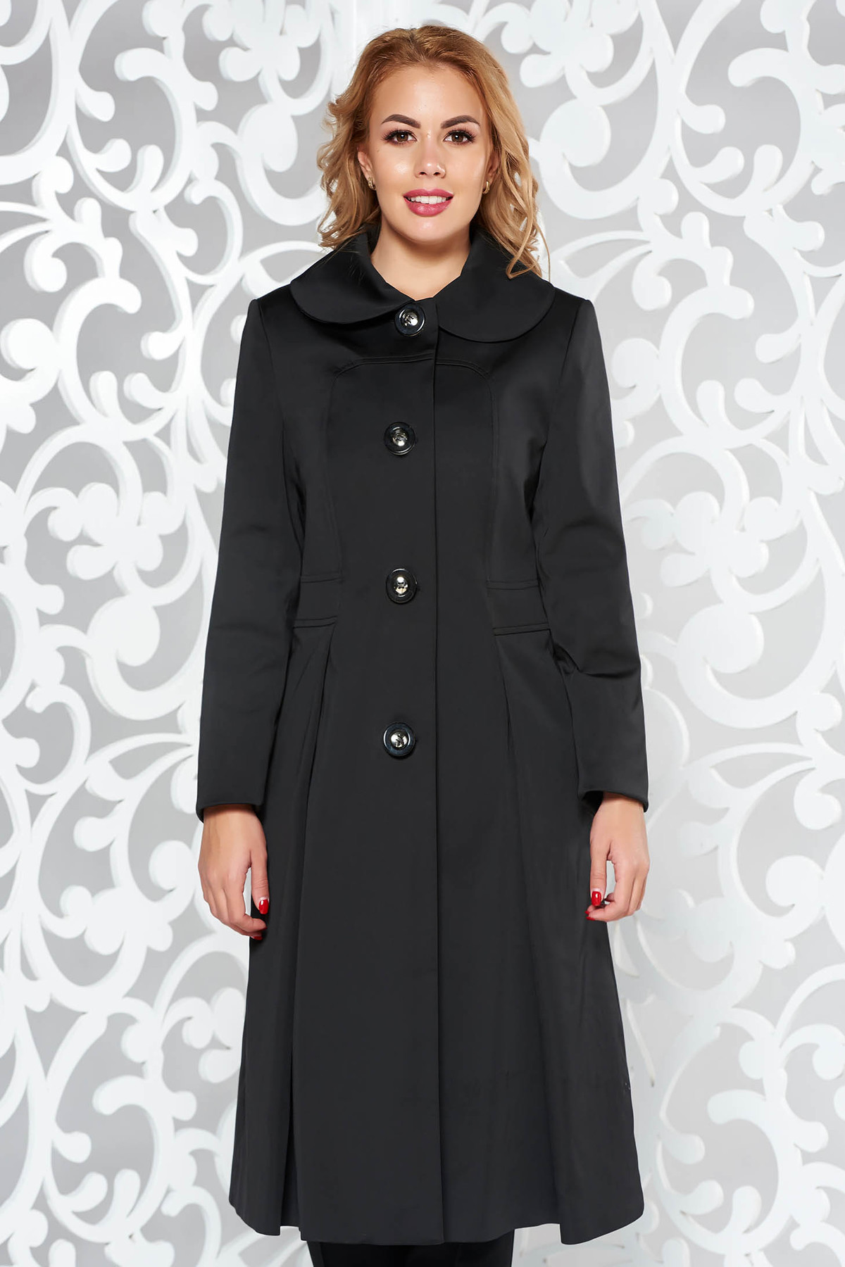 Trench negru elegant in clos din bumbac cu maneca lunga