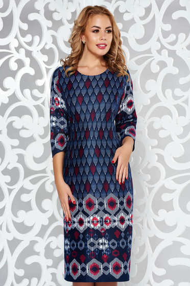 Rochie albastra-inchis de zi tip creion din material tricotat cu maneci trei-sferturi