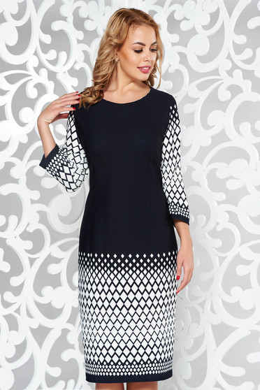 Rochie neagra eleganta tip creion cu maneca 3/4 din material elastic cu print