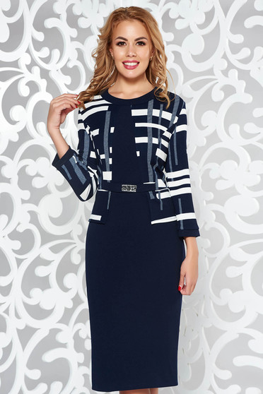 Rochie albastra-inchis office tip creion din material usor elastic cu peplum
