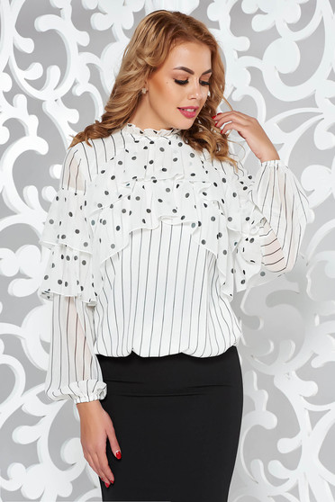 Bluza dama LaDonna alba office cu croi larg din voal captusita pe interior cu volanase