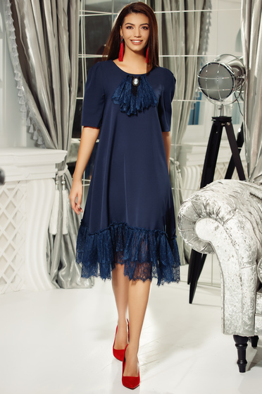 Rochie Fofy albastra-inchis eleganta cu croi larg din material usor elastic cu aplicatii de dantela