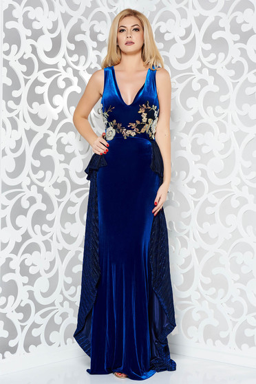 Rochie StarShinerS albastra de ocazie tip sirena din catifea cu insertii de broderie