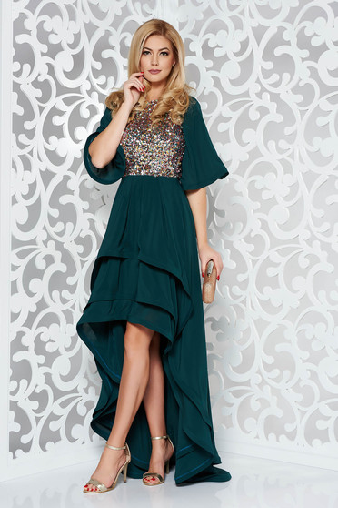 Rochie StarShinerS verde de ocazie asimetrica in clos din voal cu aplicatii cu paiete