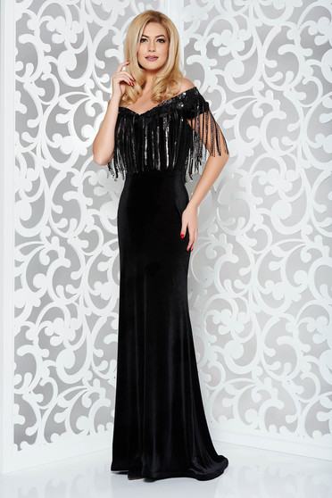 Rochie StarShinerS neagra de ocazie tip sirena din catifea cu paiete cu umeri goi