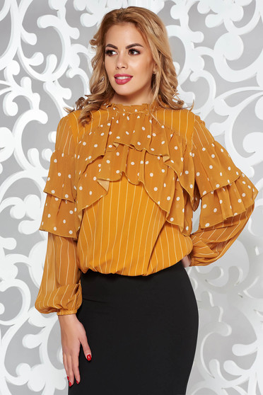 Bluza dama LaDonna mustarie office cu croi larg din voal captusita pe interior cu volanase