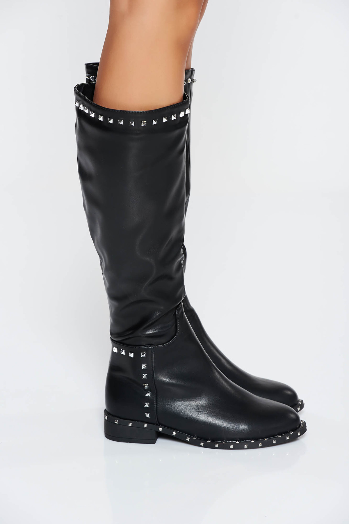 Cizme dama negre casual material din piele ecologica cu tinte metalice