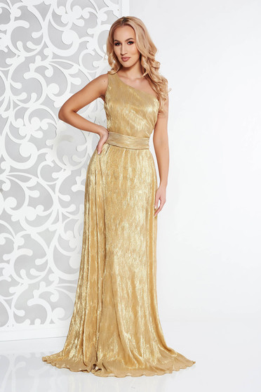 Rochie aurie de ocazie pe umar din material usor elastic plisat cu aspect metalic captusita pe interior