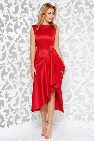 Rochie rosie de ocazie asimetrica fara maneci din material satinat cu volanase