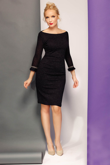 Rochie Fofy neagra eleganta tip creion din material tricotat cu fir lame