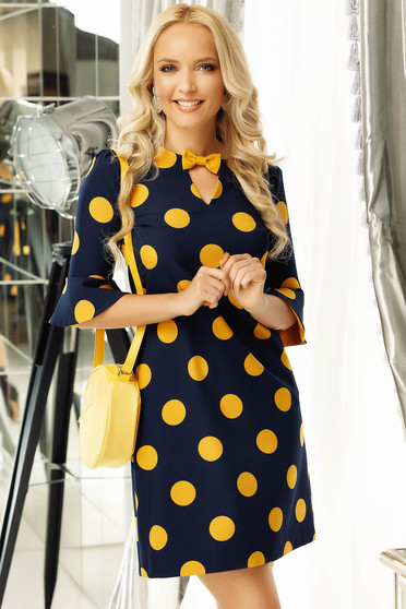 Rochie Fofy albastra-inchis office cu croi in A din material usor elastic cu volanase la maneca