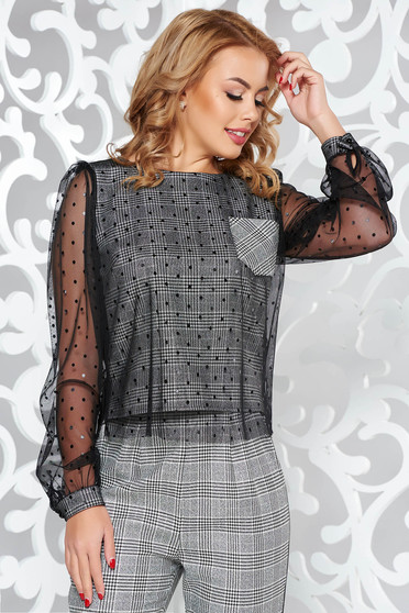 Bluza dama Fofy neagra casual cu croi larg din stofa neelastica in carouri cu tul