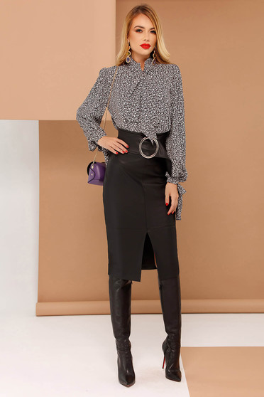 Fusta PrettyGirl neagra tip creion cu talie inalta din piele ecologica captusita pe interior accesorizata cu cordon