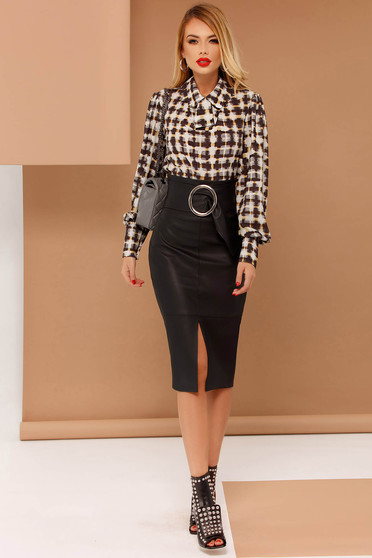Bluza dama PrettyGirl gri office cu croi larg din material subtire accesorizata cu o fundita