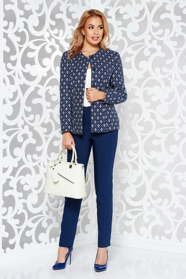 Compleu albastru-inchis office din bumbac neelastic captusit pe interior cu sacou cambrat si pantaloni conici cu talie medie