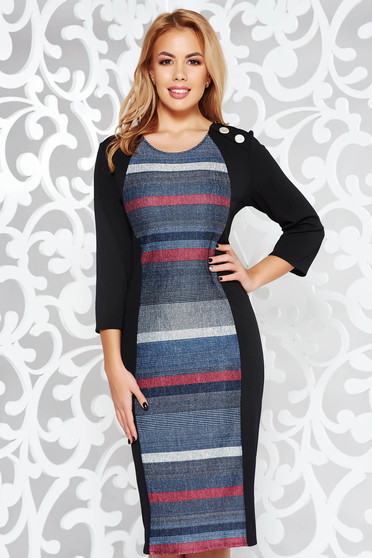 Rochie neagra office midi tip creion din stofa usor elastica cu maneci trei-sferturi