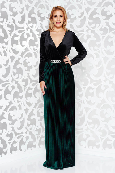 Rochie Artista verde-inchis de ocazie din catifea cu decolteu in v accesorizata cu cordon